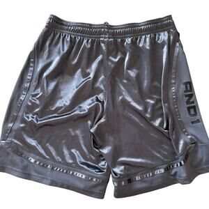 AND1 mens XL basketball shorts gray satin trim drawstring pockets dazzle shiny